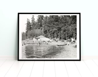 Seward Park Bathing Beach Photo, BW Print from original 1921 negative, Vintage Seattle Wall Art, Washington Decor