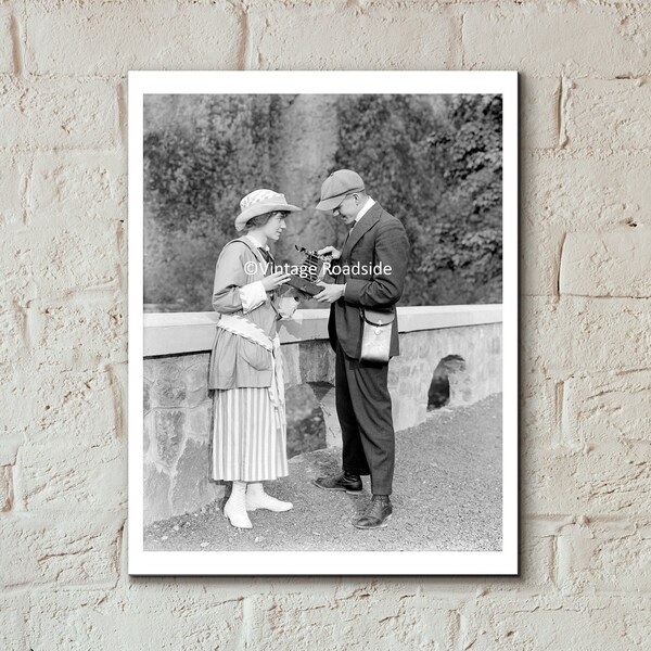 Vintage Couple with Kodak Camera at Multnomah Falls, Print From Original Glass Plate Negative, Oregon Waterfalls, Columbia River