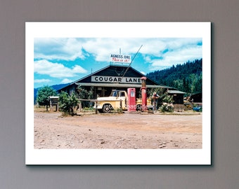 Vintage Cougar Lane Store Color Photo, Archival Print from Original 1957 Kodachrome Slide, Agness Oregon, Gold Beach, Rogue River, Gas Pumps