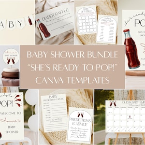 She’s Ready to Pop Baby Shower Bundle | Soda Theme Shower Invitation and Decor | Editable Canva Template | Digital Invite and Party Decor