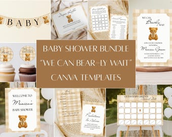 Brown Gingham Teddy Bear Baby Shower Invitation & Decor Bundle: Editable Canva Template (Digital Download)