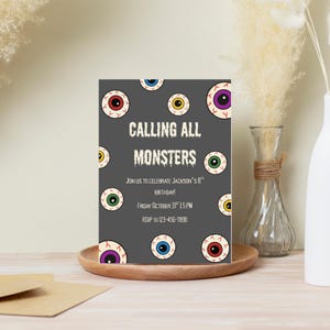 Calling All Monsters Birthday Invitation | Halloween Party Invite | Spooky Eyeball Theme | Editable Canva Template | Digital Birthday Invite