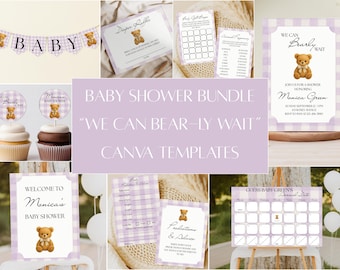 Purple Gingham Teddy Bear Baby Shower Invitation & Decor Bundle: Editable Canva Template (Digital Download)