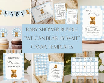 Blue Gingham Teddy Bear Baby Shower Invitation & Decor Bundle: Editable Canva Template (Digital Download)