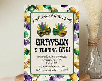 Mardi Gras Birthday Invite | 1st Birthday Invite | Krewe Invite | Let the Good Times Roll | Editable Birthday Invite | Canva Template