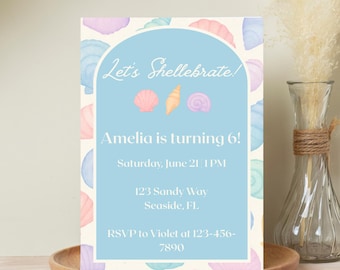 Let's Shellebrate Birthday Invite | Seashell Birthday Invite | Beachy Summer Party Invite | Editable Birthday Invite | Canva Template