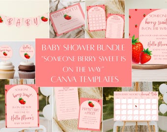 Someone Berry Sweet Strawberry Baby Shower Invitation & Decor Bundle: Editable Canva Template (Digital Download)