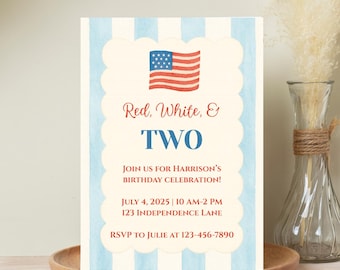 Red, White, and TWO Birthday Invite | 2nd Birthday | USA Birthday Invite | Patriotic Invite | Editable Birthday Invite | Canva Template