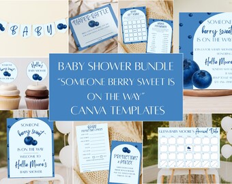 Someone Berry Sweet Blueberry Baby Shower Invitation & Decor Bundle: Editable Canva Template (Digital Download)