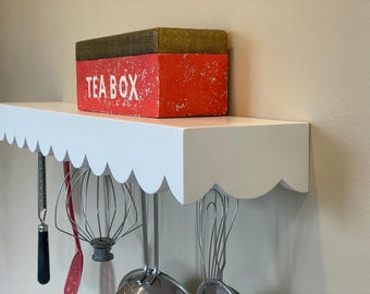 Floating Kitchen Scallop Wall Shelf with Cup Hooks - Choose Size & Paint Color