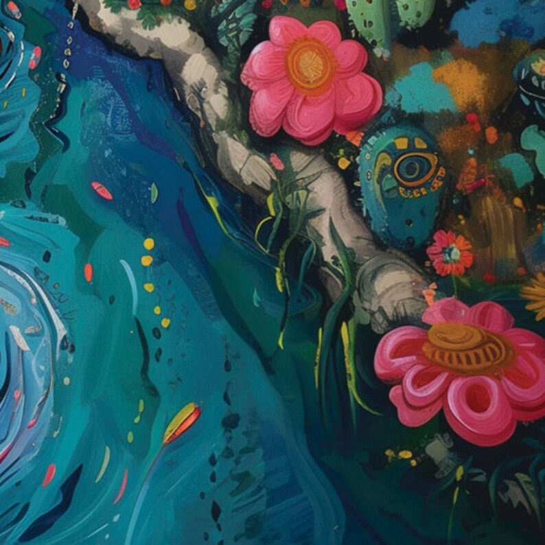 May include: A vibrant abstract painting featuring a swirling blue and green background with pink flowers and green foliage. The painting has a whimsical and dreamlike quality.