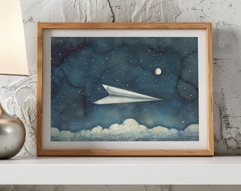 Paper Airplane 2- Printable Art | Space | Teen | Kids | Watercolor | Sketch | Artsy | Creative | Fun | Blue | Neutral | Navy