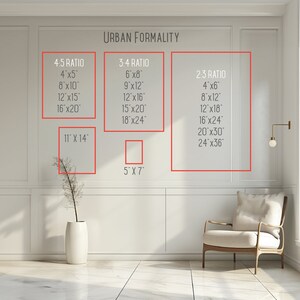 May include: A white wall with a diagram showing different ratios for hanging artwork. The ratios are labelled 4:5, 3:4, and 2:3. The diagram includes the dimensions of each ratio in inches. The text "URBAN FORMALITY" is at the top of the diagram.