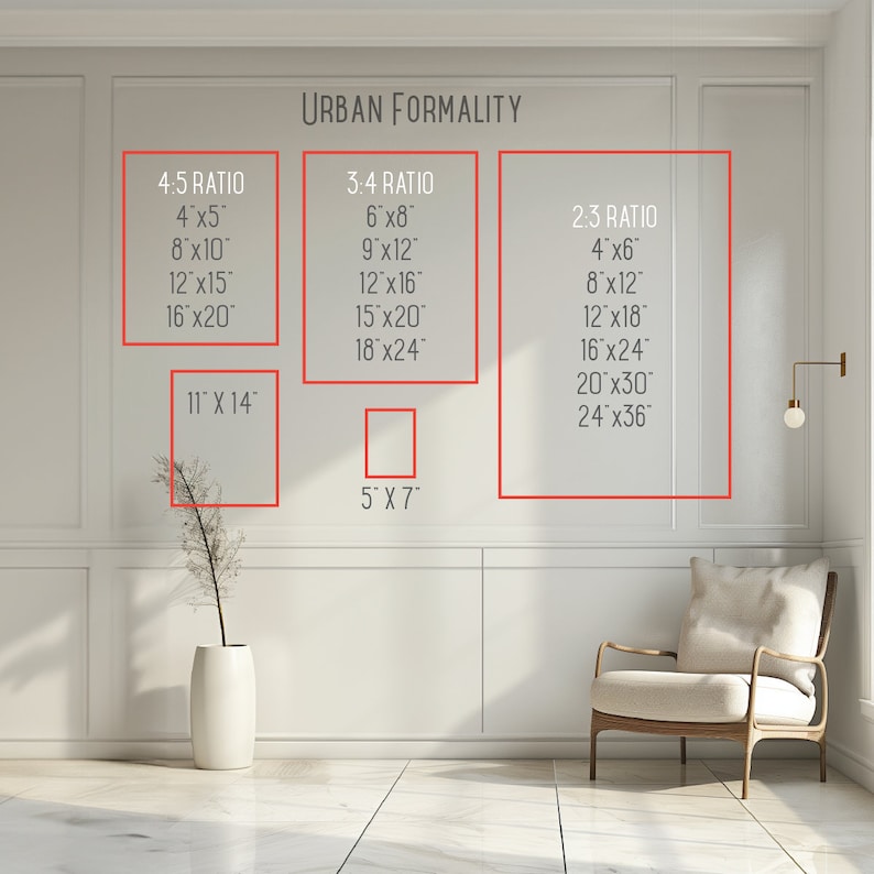 May include: A white wall with a diagram showing different ratios for hanging artwork. The ratios are labelled 4:5, 3:4, and 2:3. The diagram includes the dimensions of each ratio in inches. The text "URBAN FORMALITY" is at the top of the diagram.