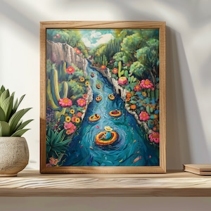May include: A colourful painting depicting a river flowing through a lush green canyon. The river is filled with people floating on inner tubes. The canyon walls are covered in vibrant flowers and plants.