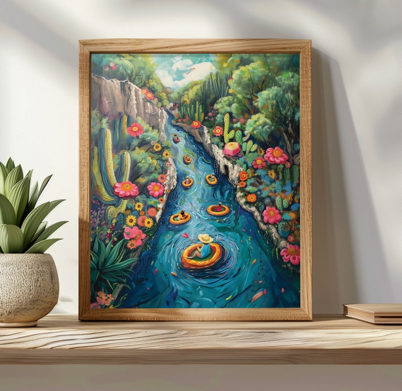 May include: A colourful painting depicting a river flowing through a lush green canyon. The river is filled with people floating on inner tubes. The canyon walls are covered in vibrant flowers and plants.
