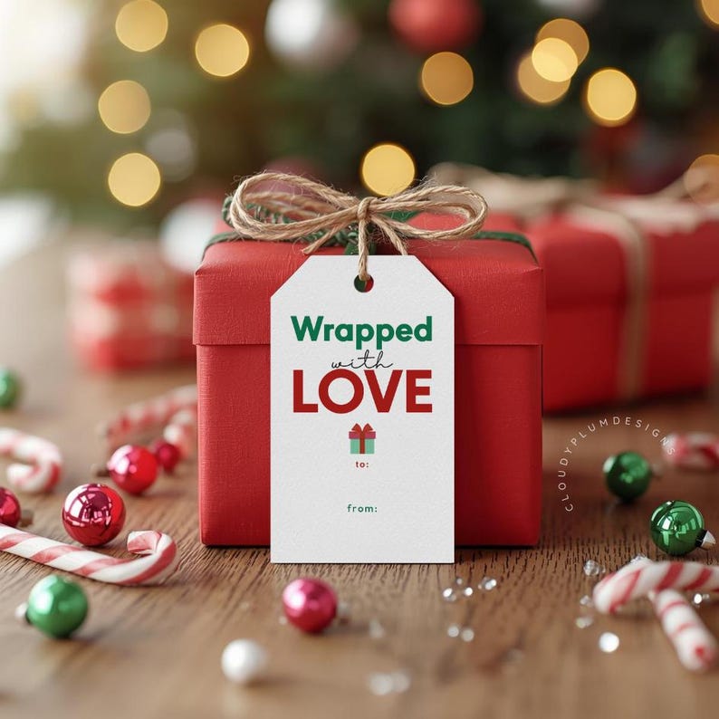 Wrapped Around Tag Sticker Printable Gift Tags | Wrapped With Love | Minimalist Christmas, Holiday ...