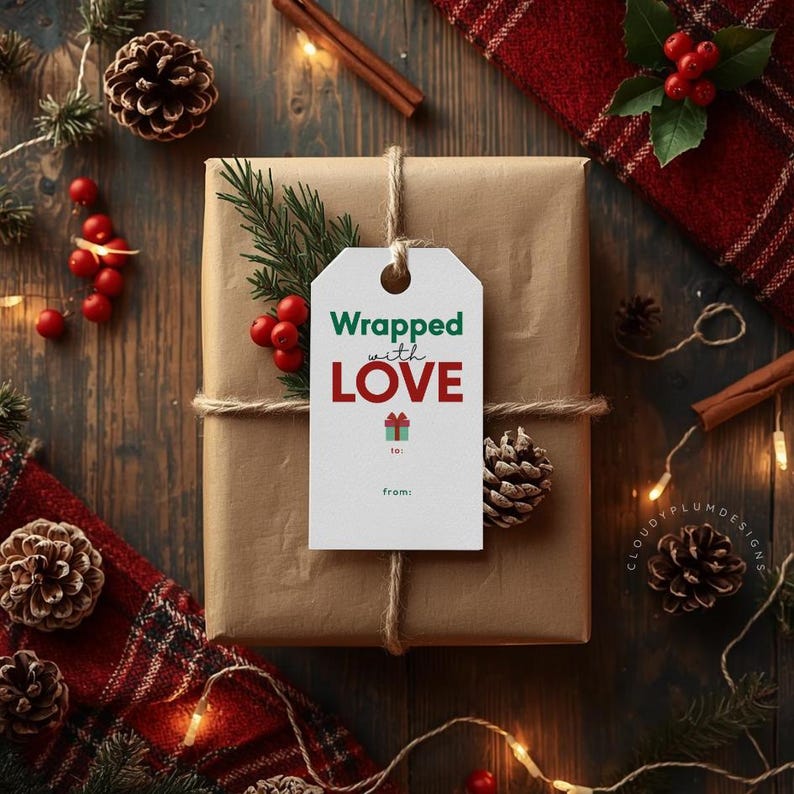 Wrapped Around Tag Sticker Printable Gift Tags | Wrapped With Love | Minimalist Christmas, Holiday ...