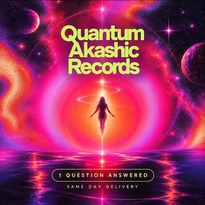 May include: A digital graphic featuring the text Quantum Akashic Records in yellow, centered above a silhouette of a person floating in a bright pink and orange nebula. Below, a box contains the text 1 QUESTION ANSWERED.