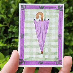 Lavender Shelter watercolor ACEO purple umbrella original art card