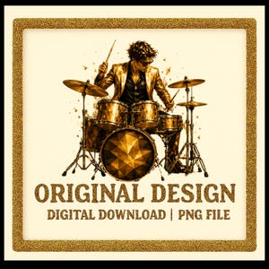Pode incluir: Uma ilustração digital de um baterista tocando bateria. O baterista está usando um casaco dourado e óculos de sol. A bateria e o baterista estão em tons de ouro. O texto "ORIGINAL DESIGN DIGITAL DOWNLOAD | PNG FILE" está na parte inferior.