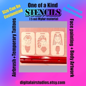 Peut inclure: Trois pochoirs rectangulaires blancs en Mylar présentant des visages féminins stylisés, placés au-dessus d'une règle rouge. Le texte sur l'image inclut : One of a Kind STENCILS, 7.5 mil Mylar material, Size Can Be Customized, Solvent Resistant, Airbrush Temporary Tattoos, Face painting Body Artwork, et digitalairstudios.etsy.com.