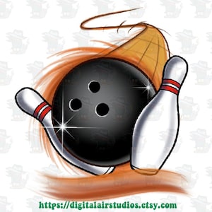 May include: A black bowling ball with three finger holes is shown in motion, with two white bowling pins with red stripes. The image has a stylized orange and brown motion effect. The image includes the text "https://digitalairstudios.etsy.com".
