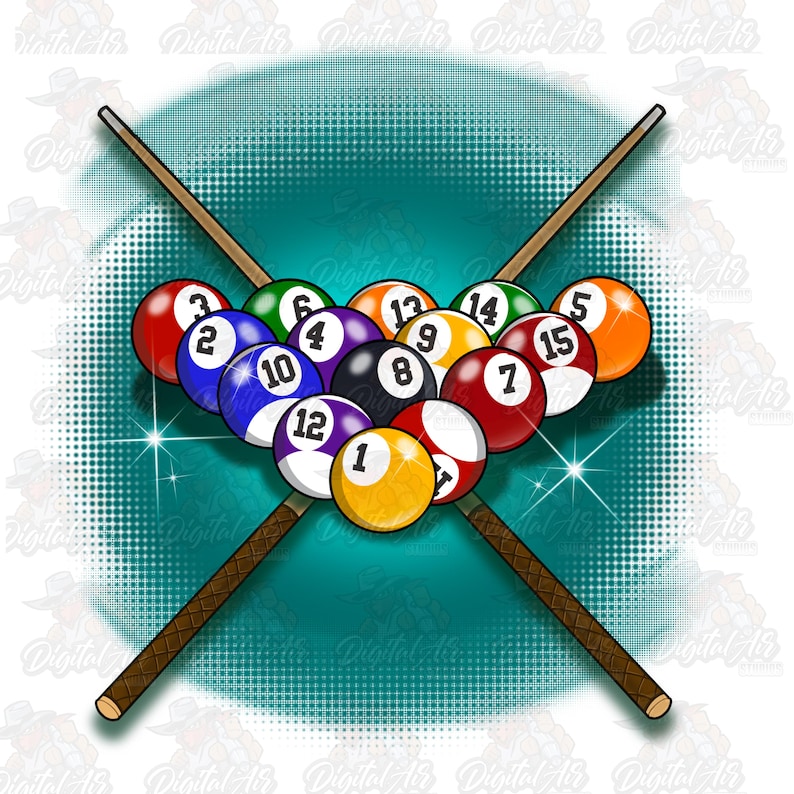 May include: A graphic illustration of a billiards game setup. Fifteen numbered billiard balls are arranged in a triangle, with two crossed pool cues. The balls are various colors, including red, yellow, and blue, with white numbers.
