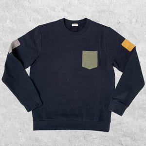 Men’s Navy Sweatshirt – Organic Cotton Crew with Olive Pocket, Mustard Patch & Grey Elbow Detail - Limited Edition.