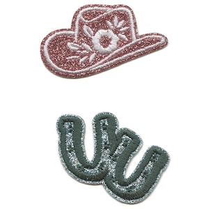 Cutesy Glitter Cowgirl Patch Hat Horseshoe Set Embroidered Iron On GA4