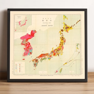 Op de afbeelding: Ingelijste vintage kaart van het Japanse Rijk, met gedetailleerde, kleurgecodeerde geologische informatie. De kaart bevat tekst in het Japans en Engels, in een zwart frame. De kaart wordt weergegeven op een houten oppervlak.
