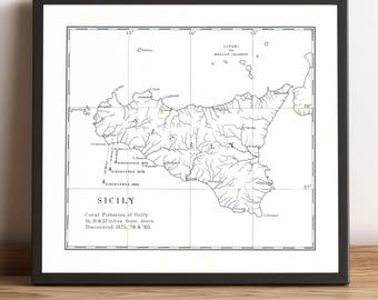 Sicily (Italy) Old Map | 1880 Coral Fisheries of Sicily Vintage Map | Wall Art & Home Decor Print | Framed Poster | Antique Cartography