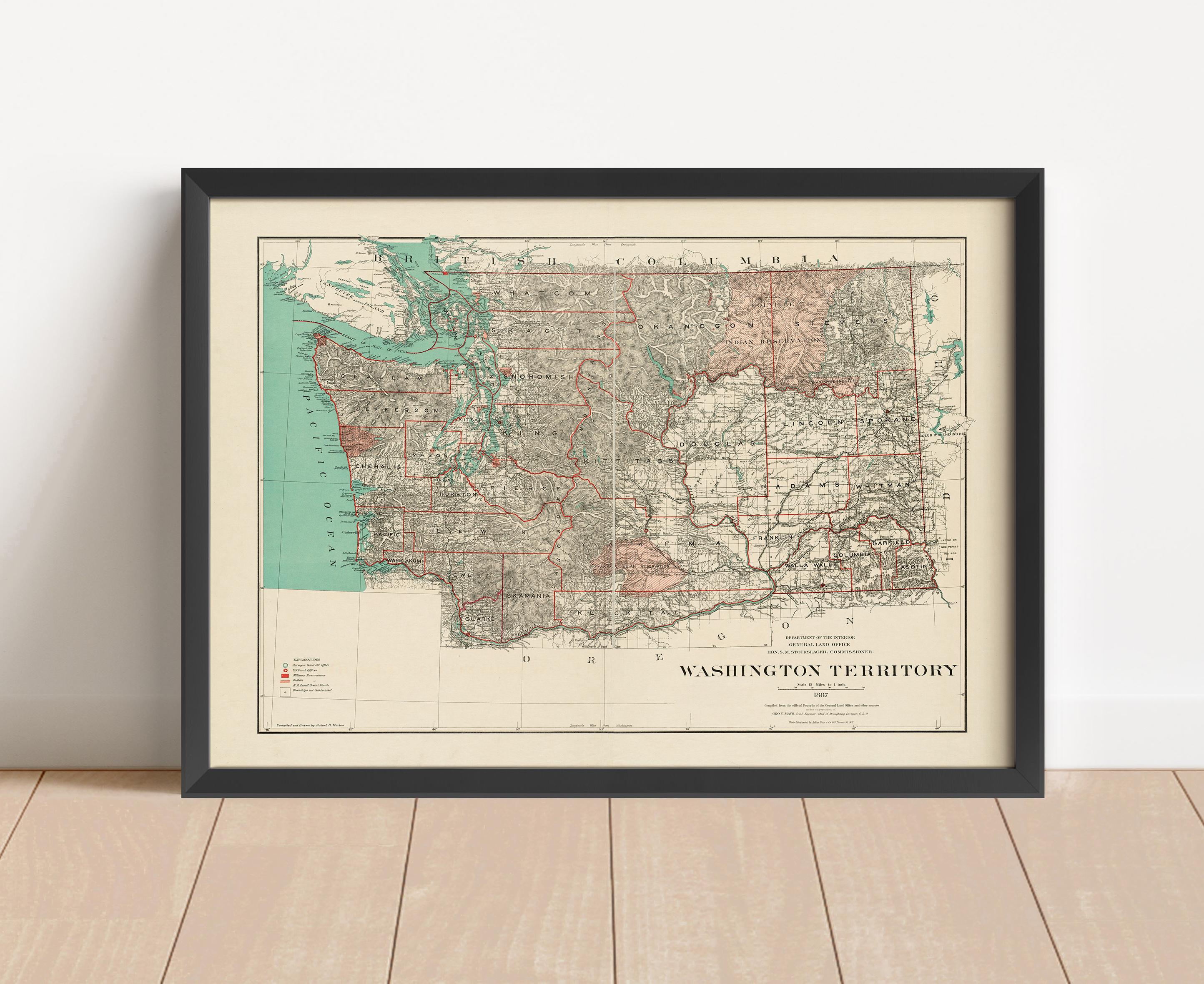 ワシントン準州（米国）の古地図 | 1887年ワシントン州ヴィンテージ