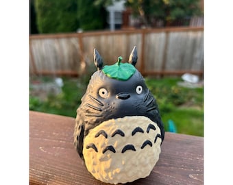 Japanese Forest Spirit Hand-painted Totoro Figurine | Anime Desk Decor with Leaf Hat