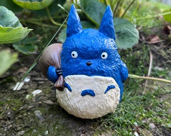Japanese Forest Spirit Hand-Painted Totoro Figurine with Ocarina: Studio Ghibli Anime Fan Art