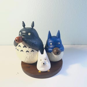 以下が含まれることがあります： 人気アニメ映画のキャラクターをフィーチャーした、気まぐれなフィギュアセット。セットには、大きな濃い青色のトトロのフィギュア、小さな青色のトトロ、小さな白い生き物が含まれており、すべて茶色のオブジェクトを持っています。フィギュアは木製のベースにあります。