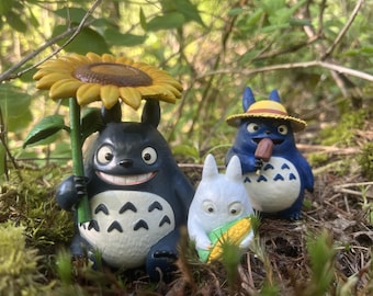 夏のトトロ ミニフィギュアセット – 手描きの森の風景（ひまわり、アイスキャンディー、トウモロコシ）