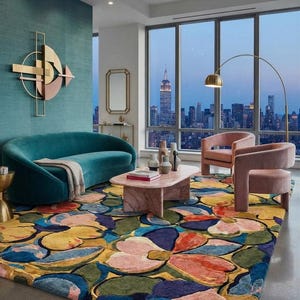 Hand Tufted Floral Rug, Vibrant Yellow Blue Abstract Area Rug, Painterly Flower Carpet