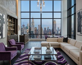 Hand Tufted Wool Area Rug: Purple Modern Wavy Abstract Pattern