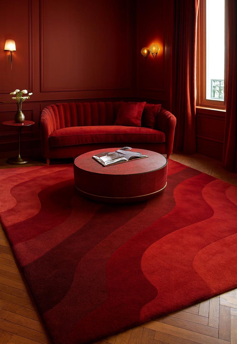 Hand Tufted 100% New Zealand Wool Area Rug: Red, Modern Abstract Wave ...