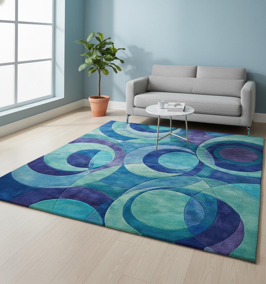 Hand Tufted Rug Overlapping Concentric Circles, Luxury Cobalt Blue Teal ...