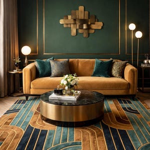 May include: A living room with a mustard-colored sofa, teal and patterned throw pillows, and a round coffee table with a black marble top. A patterned rug in shades of brown, teal, and navy blue complements the room's decor. The walls are dark green with gold trim.