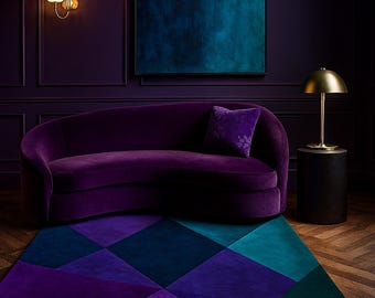 Tappeto geometrico viola-verde acqua trapuntato a mano, tappeto in lana con motivo a blocchi di diamante nei toni gioiello