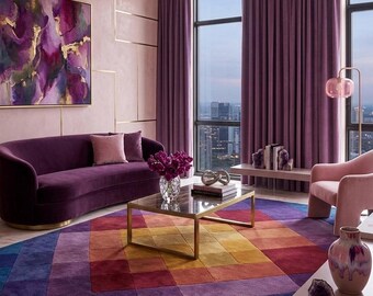 Tappeto trapuntato a mano viola arcobaleno, tappeto in lana con sfumatura geometrica e tonalità gioiello