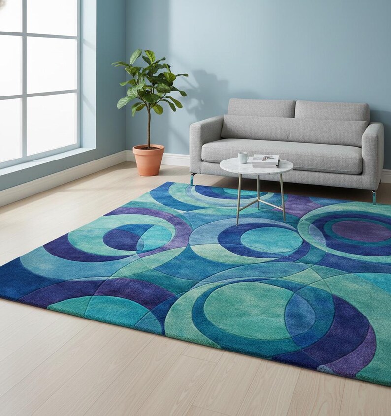 100% New Zealand Wool Hand Tufted Rug: Ocean Ripple Circles Rug Blue ...
