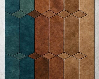 May include: A rectangular area rug featuring a geometric pattern of vertical columns and diamond shapes. The design is composed of a color palette including deep teal, dark brown, medium brown, and light tan, with visible carved lines.