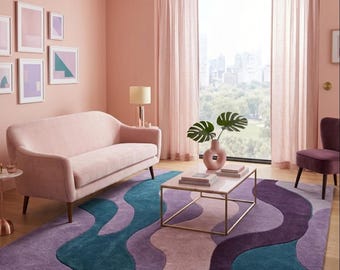 Hand Tufted New Zealand Wool Rug: Lavender Dream Purple & Teal Abstract Carpet