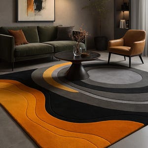 May include: A contemporary rug featuring a layered design in orange, black, and grey. The rug's pattern creates a sense of depth and movement, complementing the room's modern aesthetic. The rug is a focal point in the room, adding warmth and style.