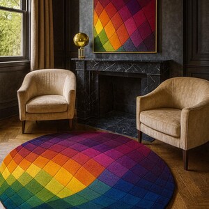 Op de afbeelding: Een ronde, veelkleurige vloerkleed met een geometrisch patroon. Het kleed heeft een kleurenspectrum van geel tot diepblauw. Twee beige fauteuils en een ingelijst kunstwerk met een vergelijkbaar kleurenschema vullen het geheel aan.