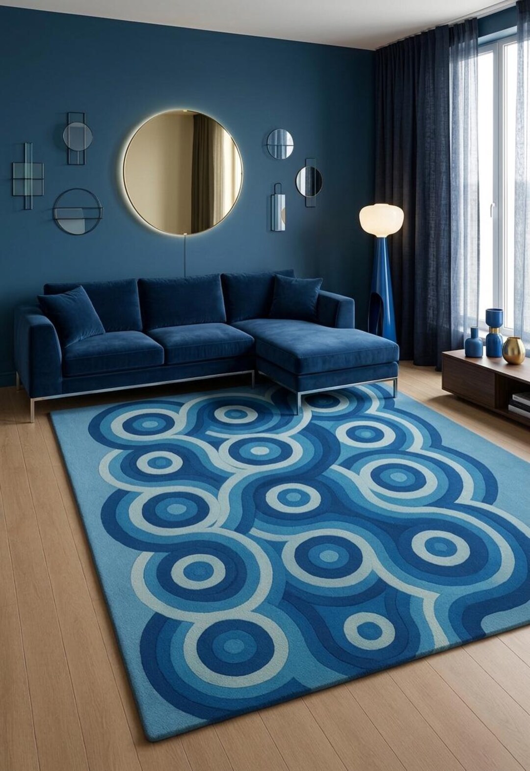 Hand Tufted Wool Area Rug: Blue Retro Modern Concentric Design - Etsy